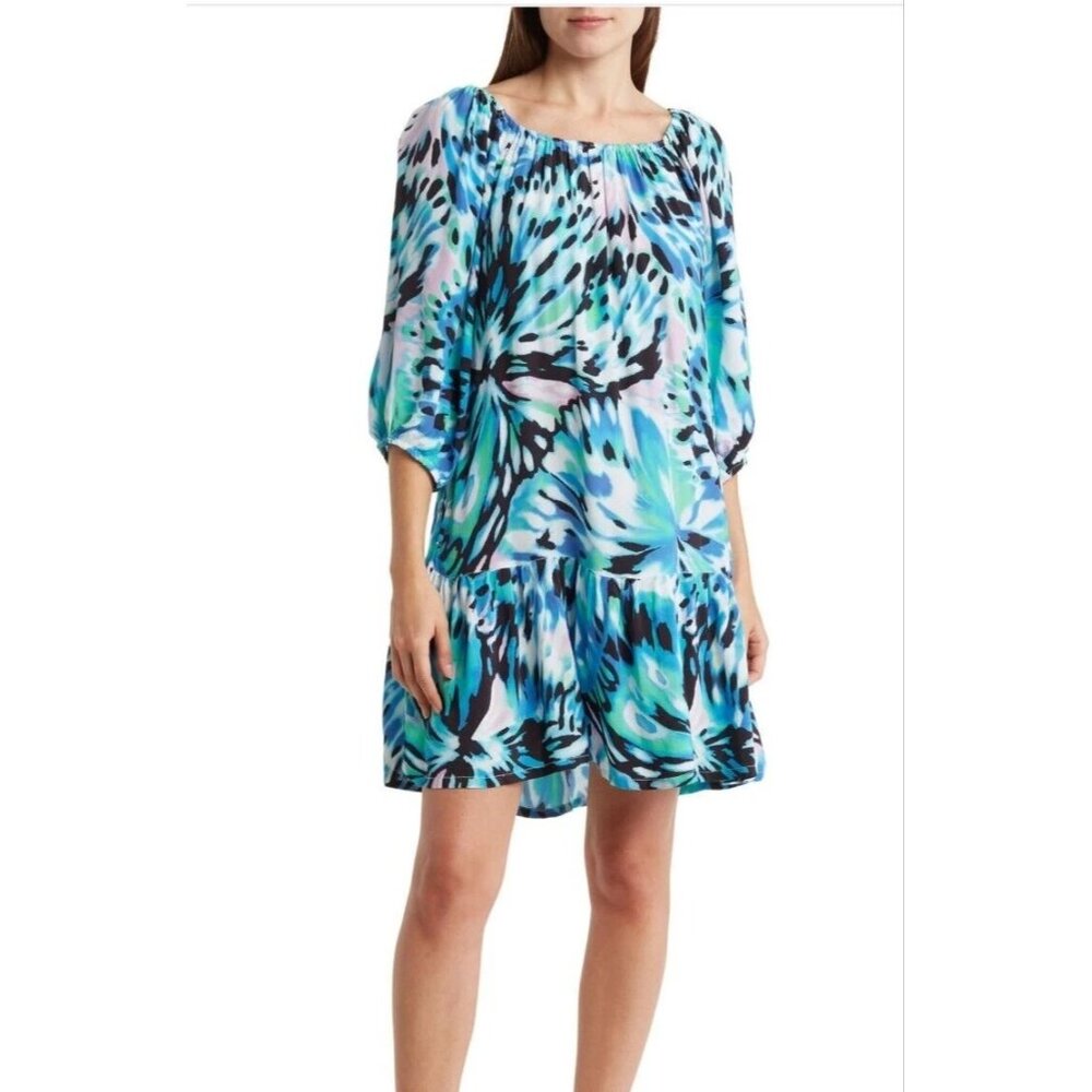 Tommy Bahama Womens XL Blue Green A Line Crinkled‎ Dress Flowy Lightweight